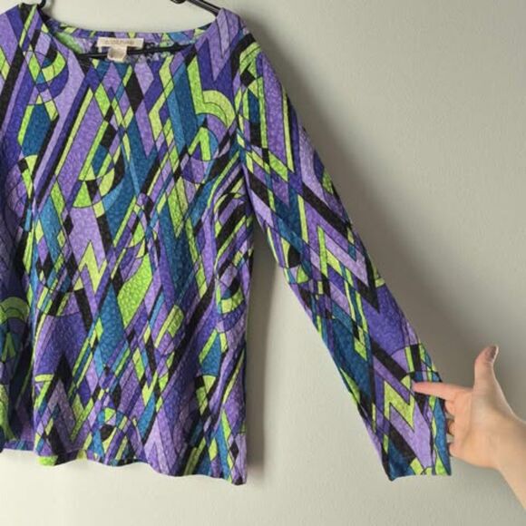 CLOTHES Funky Stretchy Long Sleeve Top Bold Colors Abstract Geometric Pattern - Picture 2 of 5